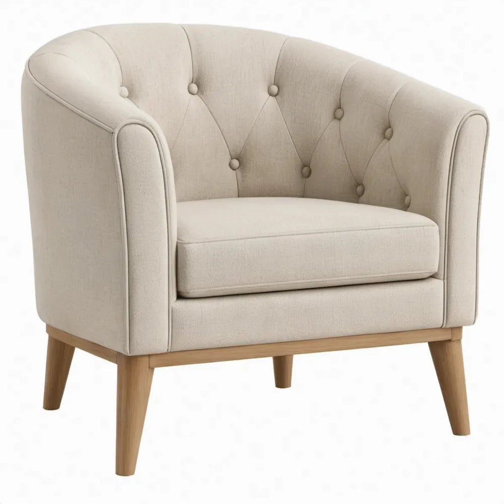 Beige fauteuil met gecapitonneerde rugleuning en rubberhouten poten, 76 x 75 x 78 cm