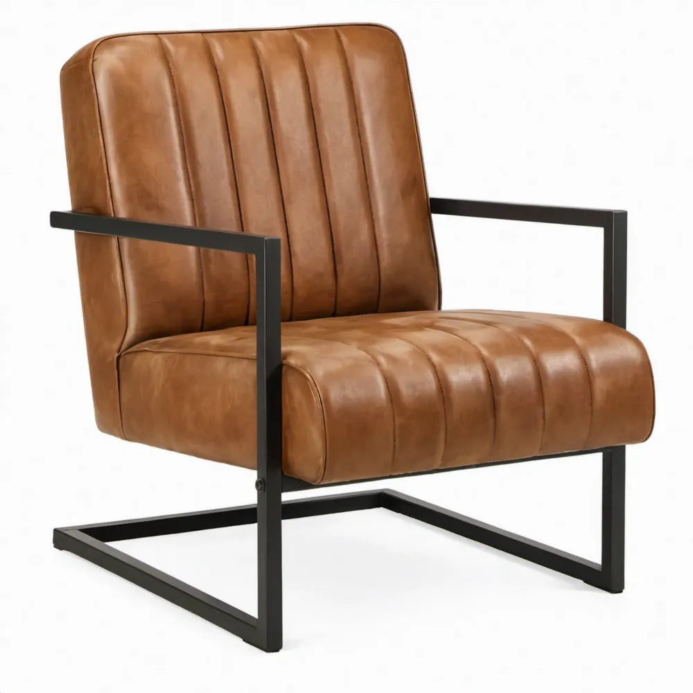 Fauteuil met armleuningen 70 x 78 x 82 cm van cognacbruin PU-kunstleer met zwart gepoedercoat stalen frame