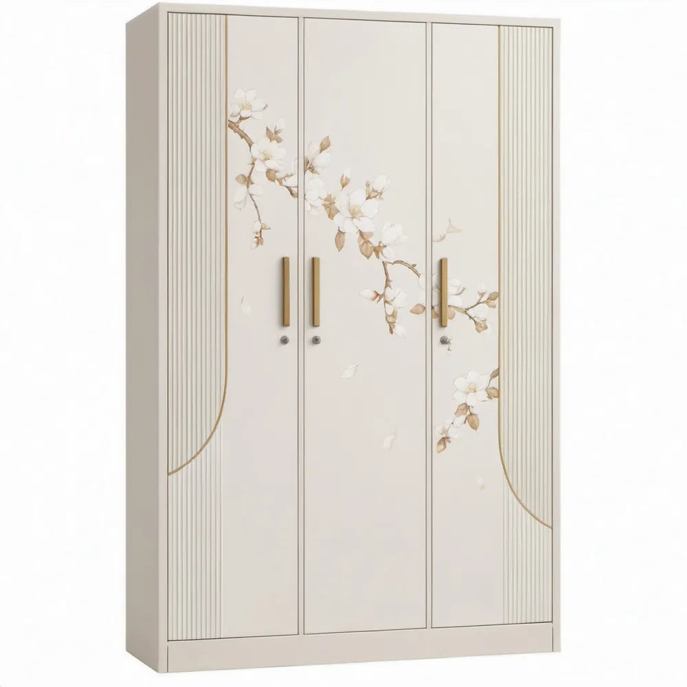 Kledingkast met 3 draaideuren, bloemendecoratie en 6 planken – 120 x 50 x 200 cm – Crème/Goud/Wit/Beige