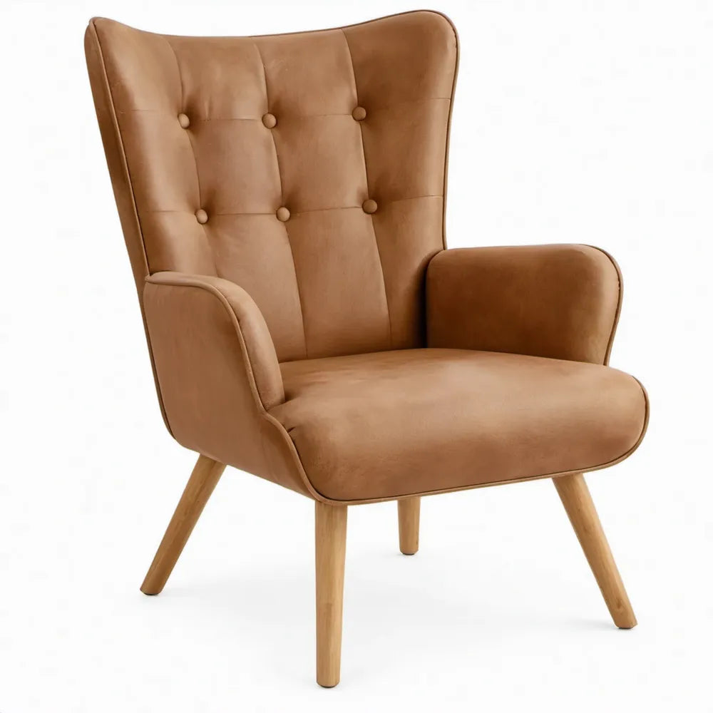 Cognacbruine vleugelstoel met armleuningen van velours en rubberhout, 78 x 85 x 105 cm