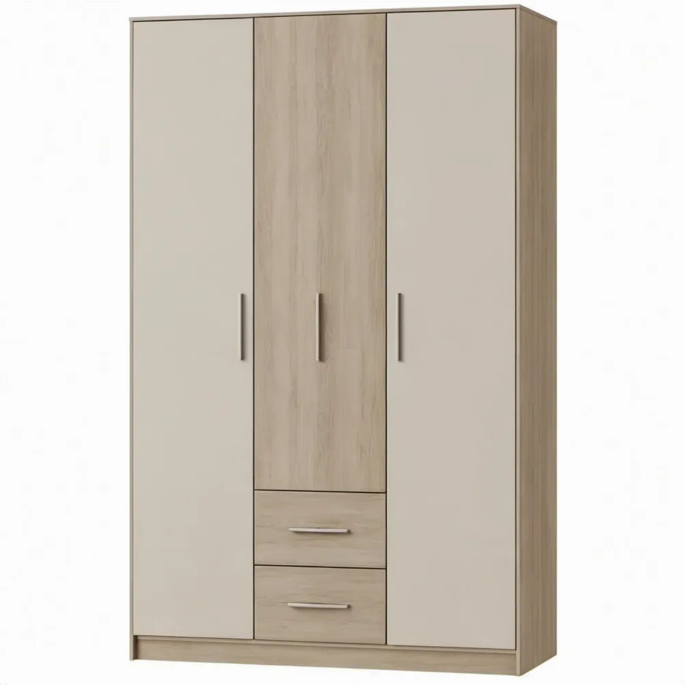 3-deurs kledingkast met 2 laden, 120 x 52 x 190 cm, beige en licht eikenkleurig