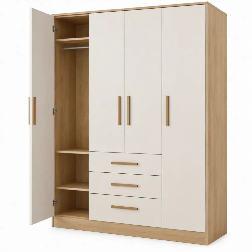 Kledingkast met 4 draaideuren en 3 laden, 180 x 52 x 200 cm, wit en eikendecor