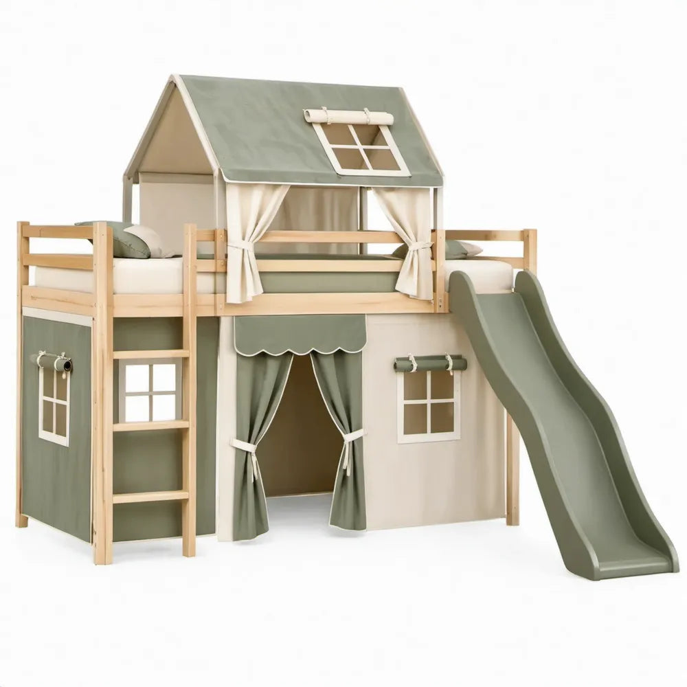 Kinderhoogslaper met huisdak, ladder en glijbaan 90 x 200 cm – Saliegroen/Crème/Naturel