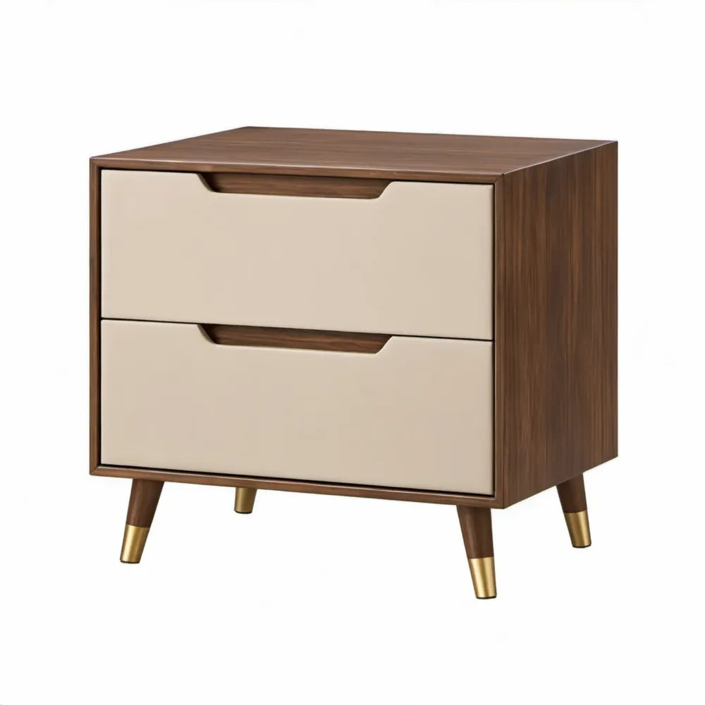 Nachtkastje met 2 lades, 60 x 40 x 55 cm, walnootbruin, beige en goudkleurig