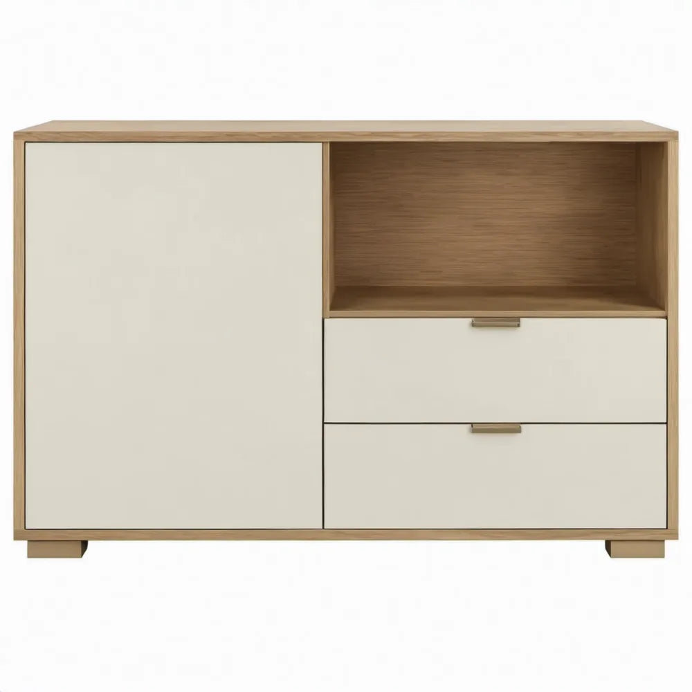 Dressoirkast met 1 deur, 2 laden en open vak, 120 x 40 x 85 cm, gebroken wit en eikenkleurig