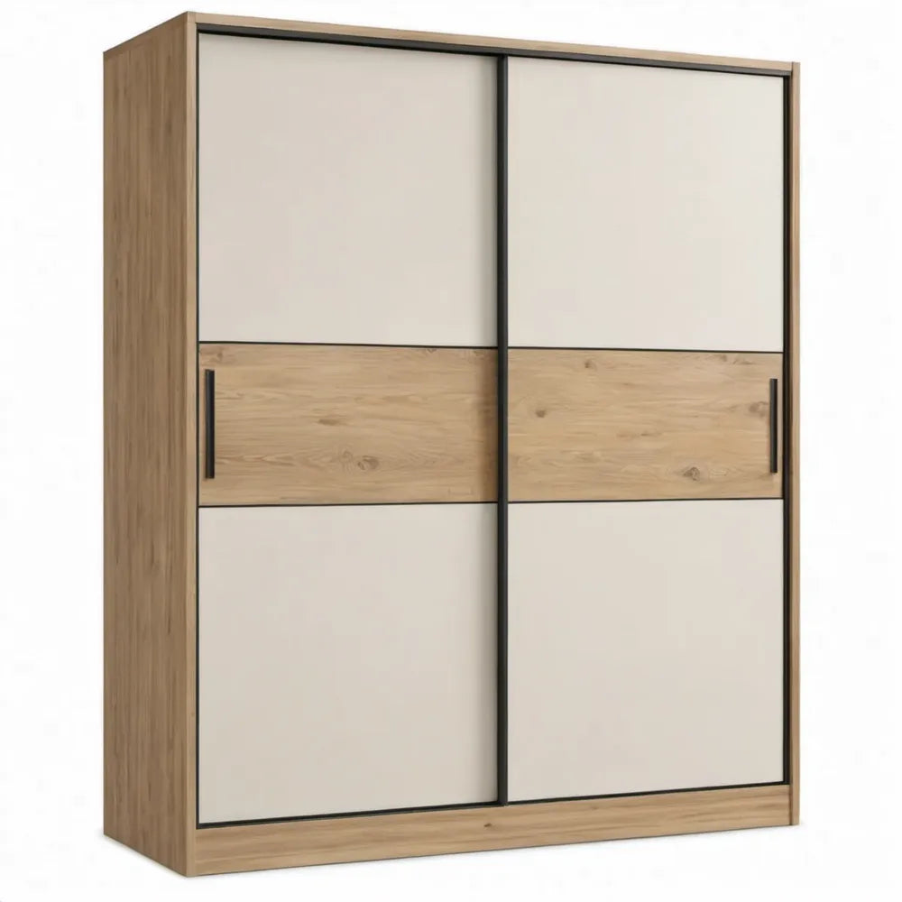 Schuifdeurkast 120 x 60 x 200 cm in eikenkleurig, beige en zwart