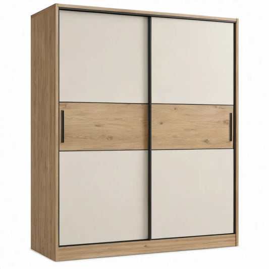 Schuifdeurkast 120 x 60 x 200 cm in eikenkleurig, beige en zwart