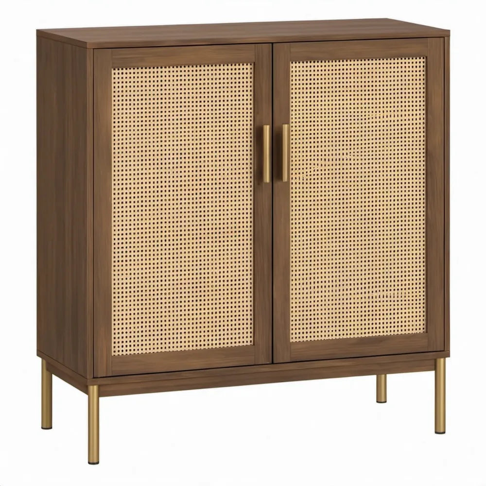 Walnootbruine opbergkast met 2 rotandeuren, 80 x 40 x 100 cm