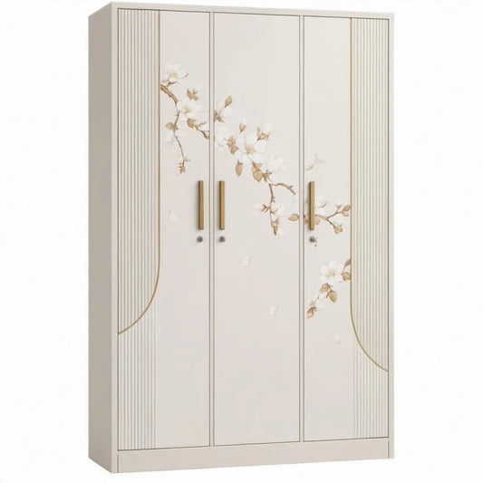 Kledingkast met 3 draaideuren, bloemendecoratie en 6 planken – 120 x 50 x 200 cm – Crème/Goud/Wit/Beige