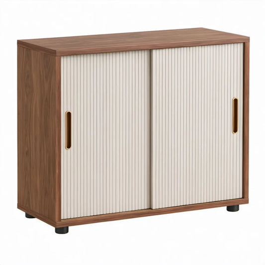 Opbergkast met 2 schuifdeuren, 100 x 40 x 80 cm, walnootbruin en crèmewit