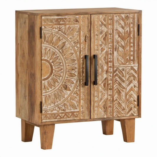 Mangohouten dressoirkast met 2 deuren, reliëfdecoratie, 60 x 35 x 75 cm, naturel bruin/wit/zwart