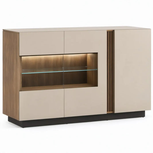 Vitrinekast met warmwitte LED-verlichting, glazen deuren en greeploze draaideuren, 160 x 40 x 130 cm, Beige/Notenbruin/Zwart