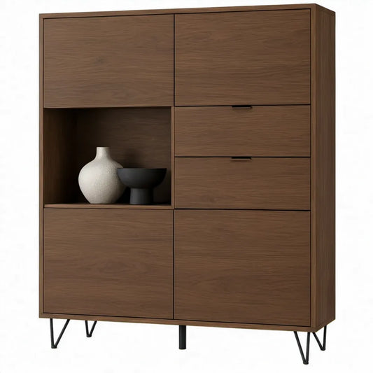 Walnootbruine kast met 4 deuren, 2 laden en open vak, 100 x 40 x 180 cm
