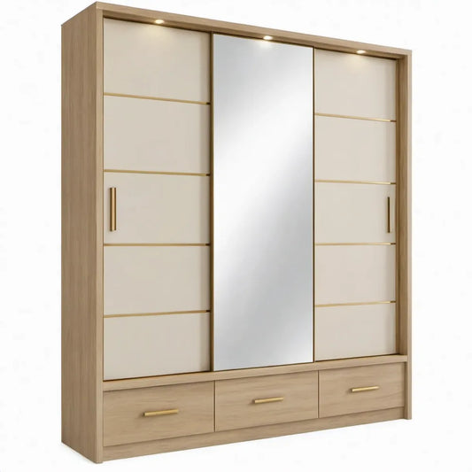Kledingkast met 3 schuifdeuren, spiegel en LED-verlichting – 180 x 60 x 210 cm – Licht eiken/Crème