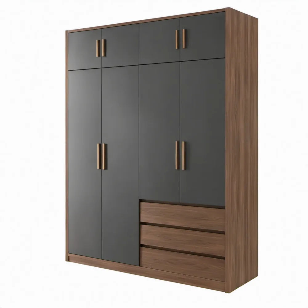 Kledingkast met 8 draaideuren en 3 lades, 160 x 52 x 220 cm, antraciet/notenhoutkleur/bronskleur
