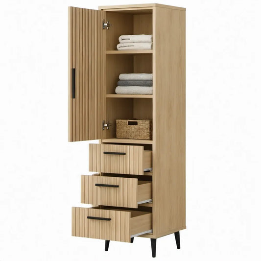 Eikenkleurige opbergkast met 1 deur en 3 lades, 60 x 40 x 180 cm