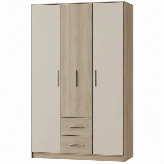 3-deurs kledingkast met 2 laden, 120 x 52 x 190 cm, beige en licht eikenkleurig