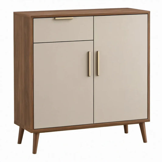 Opbergkast met 2 deuren en lade, 80 x 40 x 100 cm, walnootbruin, beige en goud