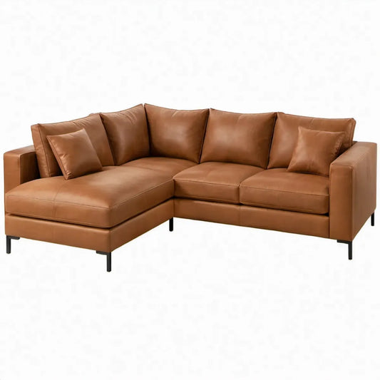 Cognacbruine L-vormige hoekbank met linker chaise longue, 260 x 170 x 85 cm